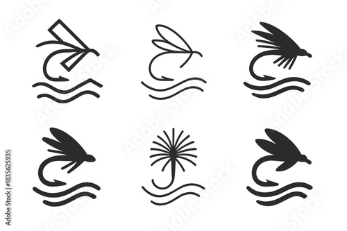 Fly Fishing Logo Set. Fly fishing and outdoor adventure. Icon set. Set Logo of river fly. harmonious logo variations of the same emblematic concept (Abstract