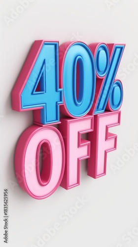 40% off sale promotion sign. Vertical 3D text with a forty percent discount isolated on a white background