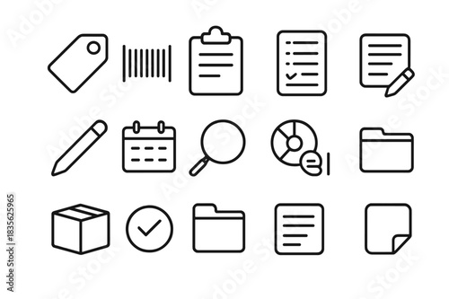 Food Label Icon Set. Food labeling and tracking. Line icon set of food labeling and tracking: label tag, barcode, clipboard, ingredient list, pen, calendar,