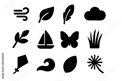 Gentle Wind Icons. Gentle wind. Solid icon set of gentle wind: breeze lines, leaf, feather, cloud, tree branch, sail, butterfly, grass, kite, wave, petal,