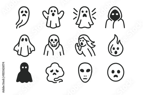 Ghost Icon Set. Ghosts and spirits. Line icon set of ghosts and spirits: Wandering Soul, Phantom, Poltergeist, Shade, Wraith, Revenant, Banshee, Spirit Flame,
