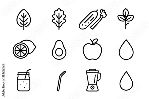 Green Smoothie Icons. Green smoothies. Line icon set of green smoothies: spinach leaf, kale, cucumber, celery, lime, avocado, green apple, mint, glass jar,
