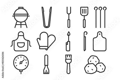 Grilling Essentials Icons. Grilling essentials. Line icon set of grilling essentials: grill, tongs, fork, spatula, apron, gloves, lighter, skewers,