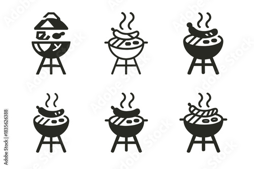 Grill Logo Variations. Grilling food. Icon set. Set Logo of grilling food: outdoor picnic grilling scene. harmonious logo variations of the same emblematic