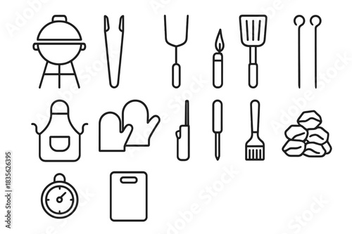 Grilling Essentials Icons. Grilling essentials. Line icon set of grilling essentials: grill, tongs, fork, spatula, apron, gloves, lighter, skewers,