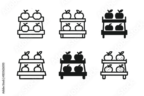 Harmonious Produce Logos. produce display. Icon set. Set Logo of produce display: tiered fruit shelf. harmonious logo variations of the same emblematic