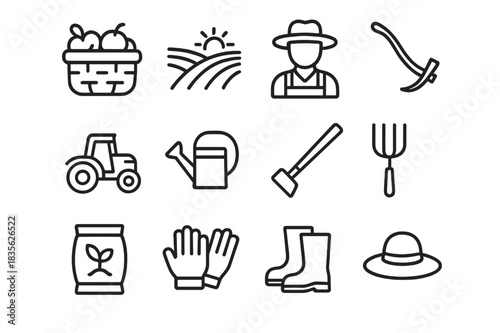 Harvest Crew Icons. Harvest Crew. Line icon set of Harvest Crew: basket of produce, crop field, farmer with hat, plow, tractor, watering can, hoe, pitchfork,