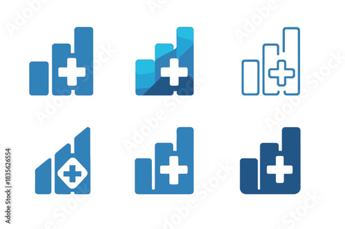 Health Audit Icons. Health Audits. Icon set. Set Logo of Health Audits: medical cross inside bar chart. harmonious logo variations of the same emblematic