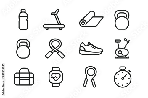 Healthy Lifestyle Icons. Healthy Lifestyle. Line icon set of Healthy Lifestyle: water bottle, treadmill, yoga mat, dumbbell, kettlebell, resistance band,