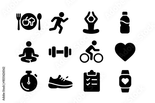 Healthy Lifestyle Icons. Healthy lifestyle. Solid icon set of Healthy lifestyle: balanced diet, running, yoga, water intake, meditation, strength training,