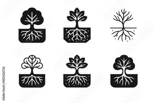 Humus Logo Variations. Humus. Icon set. Set Logo of humus: tree roots anchored in humus-rich layer. harmonious logo variations of the same emblematic concept,