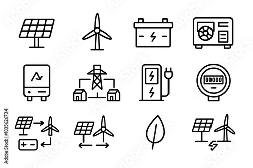 Hybrid Power Icons. Hybrid power solutions. Line icon set of hybrid power solutions: solar panel, wind turbine, battery, generator, inverter, smart grid,