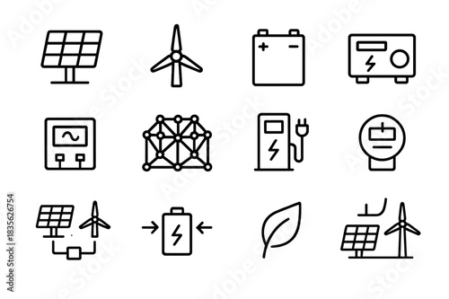 Hybrid Power Icons. Hybrid power solutions. Line icon set of hybrid power solutions: solar panel, wind turbine, battery, generator, inverter, smart grid,