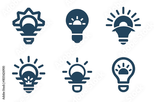 Intentions Logo Variations. Setting intentions for the next day. Icon set. Set Logo of setting intentions for the next day: light bulb with sunrise glow.