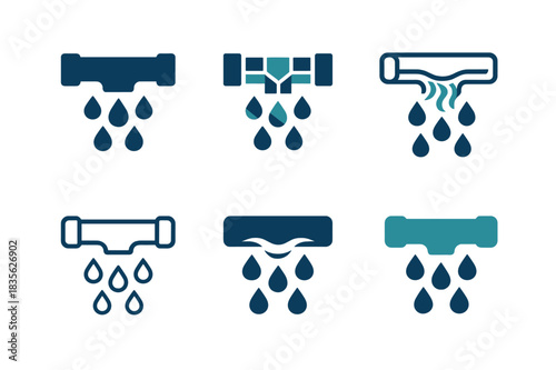 Irrigation System Icons. Water-efficient irrigation systems. Icon set. Set Logo of irrigation: irrigation pipe with water flow. harmonious logo variations of