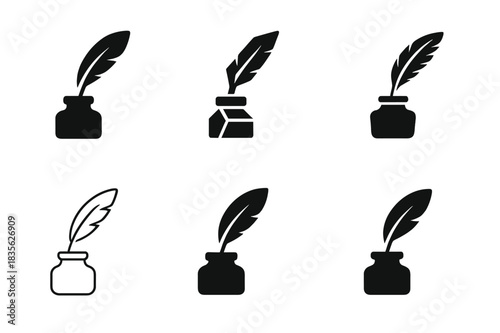 Journaling Icons Set. Professional journaling. Icon set. Set Logo of professional journaling: quill and ink bottle. harmonious logo variations of the same