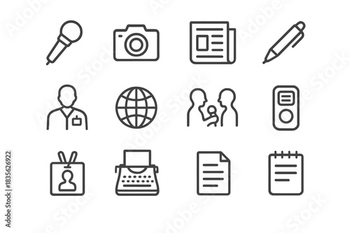 Journalism Icon Set. Journalism. Line icon set of journalism: microphone, camera, newspaper, pen, reporter, globe, interview, voice recorder, press badge,
