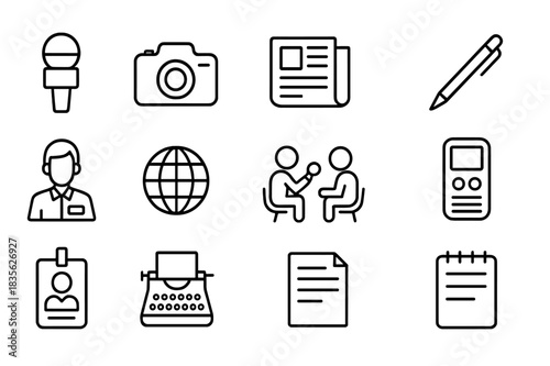 Journalism Icon Set. Journalism. Line icon set of journalism: microphone, camera, newspaper, pen, reporter, globe, interview, voice recorder, press badge,