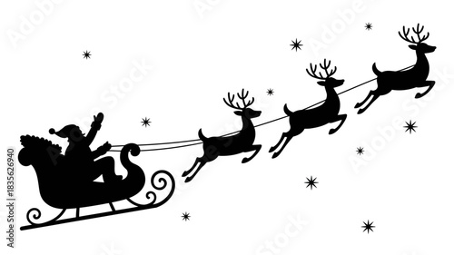 A black silhouette of Santa Claus in his sleigh pulled by four reindeer, flying against a starry white background.