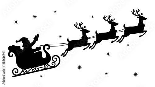 A black silhouette of Santa Claus in his sleigh pulled by four reindeer against a white background with scattered stars.