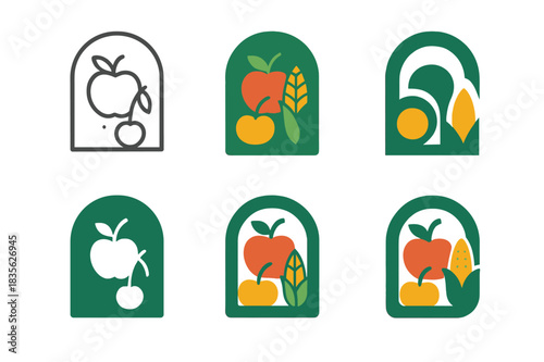 June Market Icons. June Farmer?s Market. Icon set. Set Logo of June Farmer?s Market: seasonal produce icons. harmonious logo variations of the same emblematic