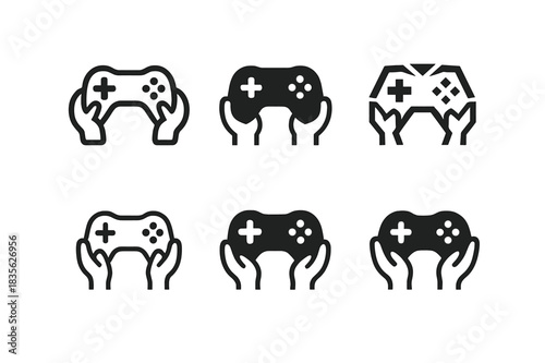Kids' Tech Icons. Technology for kids. Icon set. Set Logo of technology for kids: Game controller in small hands. harmonious logo variations of the same