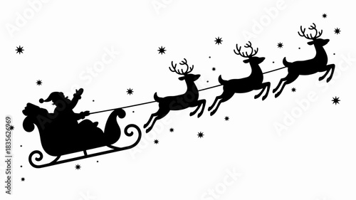 Santa claus and reindeer silhouette flying through snowy night sky