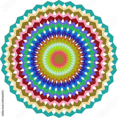 Colorful Geometric Mandala Design with Concentric Circles and Zigzag Patterns for Abstract Backgrounds and Decorative Elements
