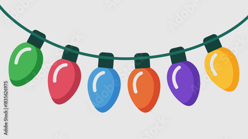 A string of brightly colored, classic Christmas lights in green, red, blue, orange, purple, and yellow hangs against a light gray background.