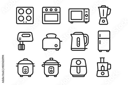 Kitchen Appliance Icons. Kitchen appliances. Line icon set of kitchen appliances: stove, oven, microwave, blender, mixer, toaster, kettle, fridge, rice cooker,