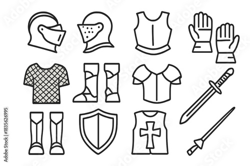 Knight Armor Icons. Knight Armor Details. Line icon set of Knight Armor Details: helmet, visor, breastplate, gauntlets, chainmail, boots, pauldrons, greaves,