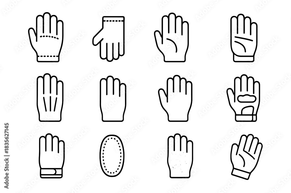 Fototapeta premium Leather Glove Icons. Riding Leather Gloves. Line icon set of Riding Leather Gloves: gloves, stitching detail, cuff, palm texture, finger lines, glove outline,