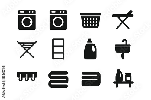 Laundry Icon Set. Laundry room. Solid icon set of Laundry room: washing machine, dryer, laundry basket, ironing board, drying rack, shelf unit, detergent