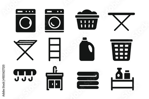 Laundry Icon Set. Laundry room. Solid icon set of Laundry room: washing machine, dryer, laundry basket, ironing board, drying rack, shelf unit, detergent