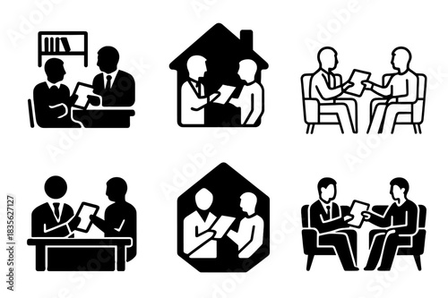 Lawyer Client Logos. Lawyers interacting with clients in various settings (offices, homes). Icon set. Set Logo of Lawyers interacting with clients in various