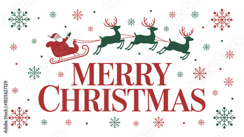 Santa claus and reindeer sleigh flying with merry christmas text and snowflakes