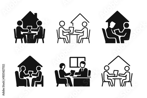 Lawyer Client Logos. Lawyers interacting with clients in various settings (offices, homes). Icon set. Set Logo of Lawyers interacting with clients in various
