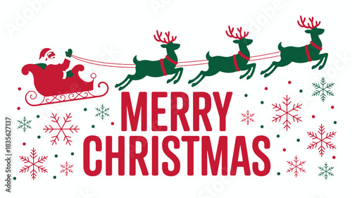 Santa Claus in his sleigh pulled by reindeer flies through the air, surrounded by snowflakes and the words Merry Christmas.