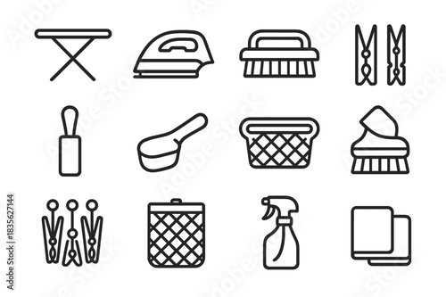 Laundry Tools Icons. Laundry tools. Line icon set of laundry tools: ironing board, iron, laundry brush, clothes pins, lint roller, detergent scoop, folding