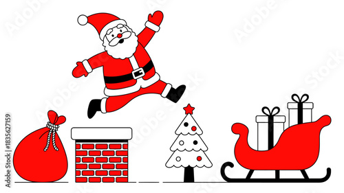 Santa claus jumping out of a chimney with his sleigh and gifts