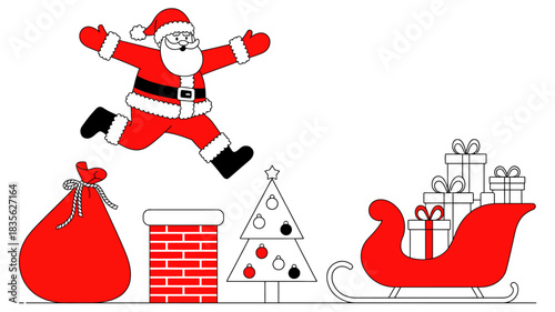 Santa claus jumps out of chimney with sleigh and gifts