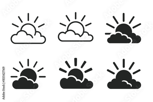 Light Rays Logos. Light Through Clouds. Icon set. Set Logo of Light Through Clouds: dawn rays spreading outward. harmonious logo variations of the same