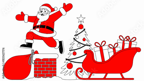 A cartoon illustration of Santa Claus emerging from a chimney, with a decorated Christmas tree and a sleigh overflowing with presents.