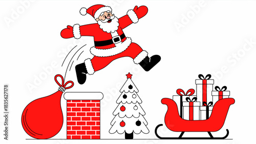 Joyful santa claus jumps out of chimney with sleigh and gifts