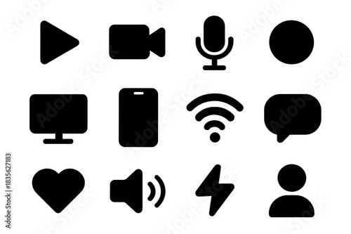 Live Streaming Icons. Live streaming. Solid icon set of live streaming: play button, camera, microphone, red dot icon, monitor, phone, Wi-Fi, comment bubble,
