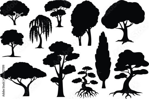 Stylized tree silhouette set featuring diverse canopy shapes, exposed roots, and branching styles for design and educational themes.