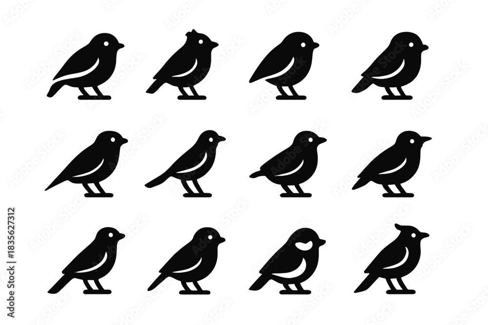 Fototapeta premium Meadow Birds Icons. Meadow birds. Solid icon set of Meadow birds: sparrow, lark, robin, finch, swallow, wagtail, blackbird, goldfinch, skylark, warbler,