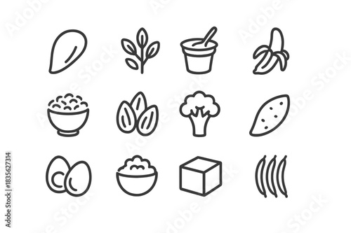 Macro-Friendly Food Icons. Macro-friendly foods. Line icon set of macro-friendly foods: chicken breast, oats, Greek yogurt, banana, brown rice, almonds,