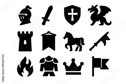 Medieval Icon Collection. Medieval Knights and Dragons. Solid icon set of Medieval Knights and Dragons: knight helmet, sword, shield, dragon, castle tower,