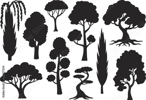 Stylized tree silhouette set featuring diverse canopy shapes, trunk styles, and foliage patterns for design and educational themes.